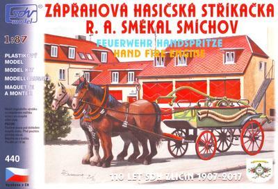 Zápřahová stříkačka R.A. Smékal - Smíchov, s koňmi.