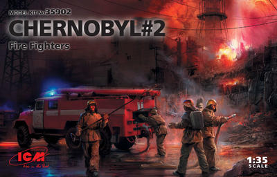 Chernobyl#2. Fire Fighters (AC-40-137A firetruck & 4 figures & diorama base with backgroun - 1